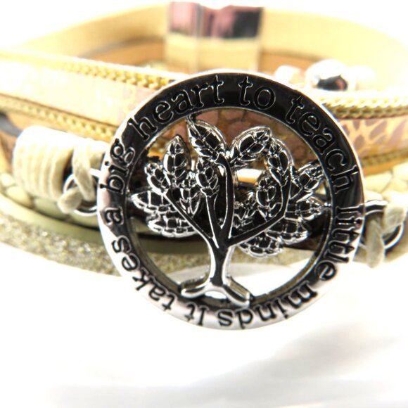 Teacher Bracelet Multi Layered Leather Wrap Beads Inspirational Quote Tree Charm - Picture 13 of 14